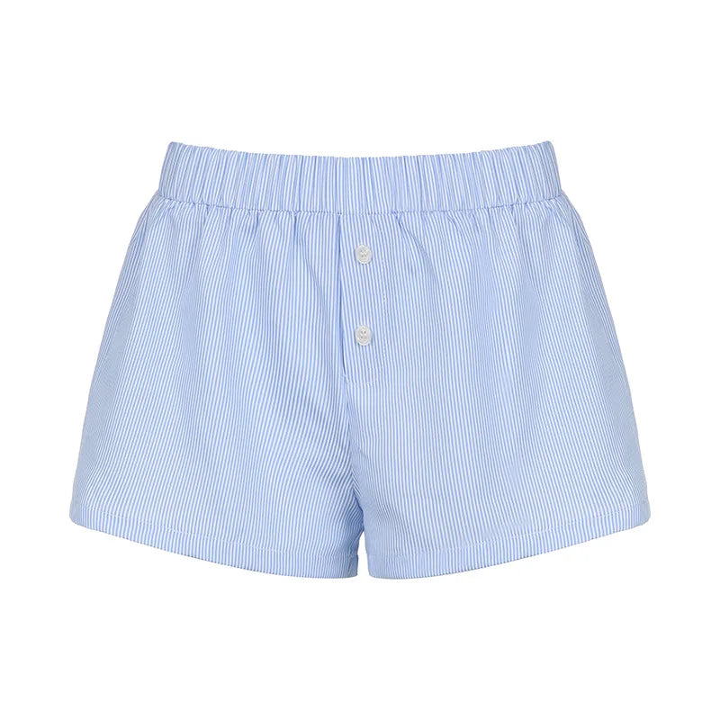 Striped Print Casual Shorts for Women Elastic Waist Fashion Button Bottoms Streetwear Chic Basic Y2K Loose Shorts
