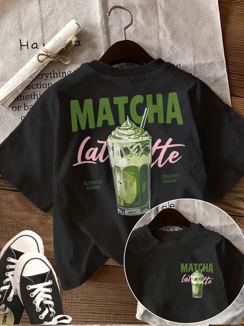 Matcha Latte Retro Iced Coffee Graphic T-Shirt, Coffee Lover Aesthetic Print Loose Crew Neck Short Sleeve Casual Daily Top