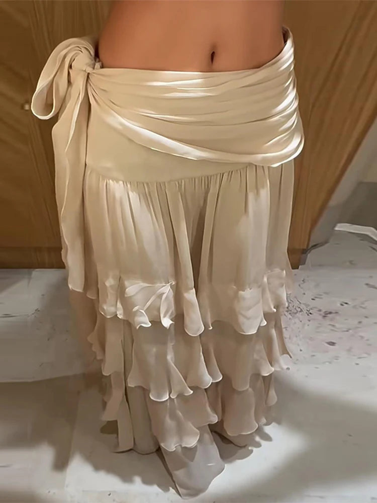 Ruffled Tiered Maxi Skirt Waist Tie High Slit Chiffon French St...
