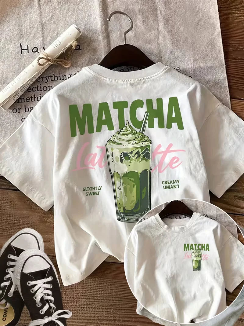 Matcha Latte Retro Iced Coffee Graphic T-Shirt, Coffee Lover Aesthetic Print Loose Crew Neck Short Sleeve Casual Daily Top