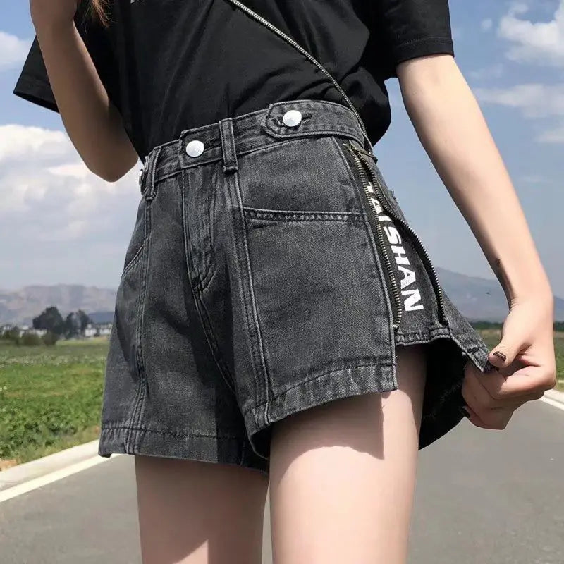 Retro Black Gray Blue Denim Shorts Women Summer 2026 New Side Zipper High Waist Korean Version A Word Wide Legs Loose Short Pant